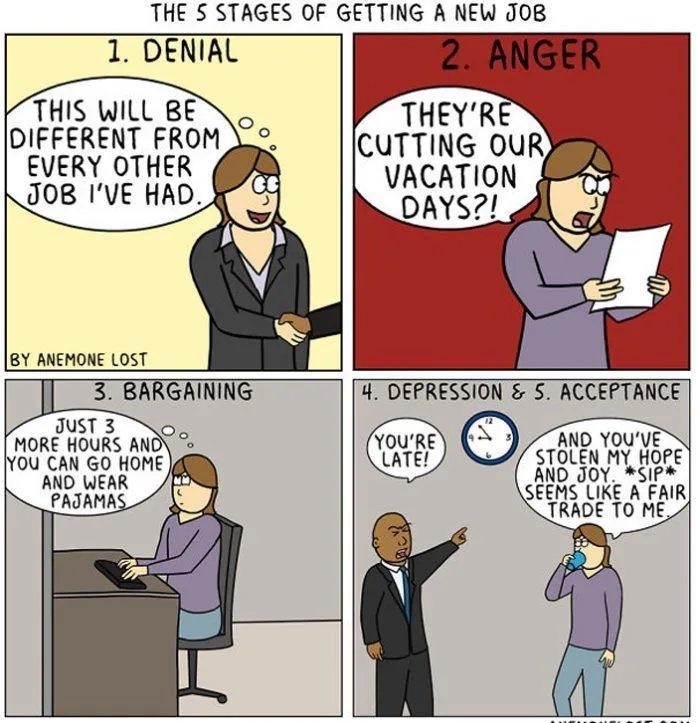 THE 5 STAGES OF GETTING A NEW JOB THIS WILL BE DIFFERENT FROM EVERY OTHER JOB IVE HAD BY ANEMONE LOST 3 BARGAINING 4 DEPRESSION S ACCEPTANCE AND YOUVE AND J0Y