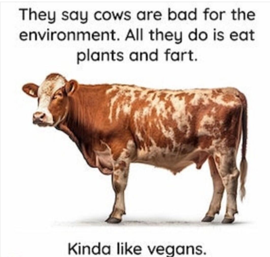 They say cows are bad for the environment. All they do is eat plants and fart.
Kinda like vegans.