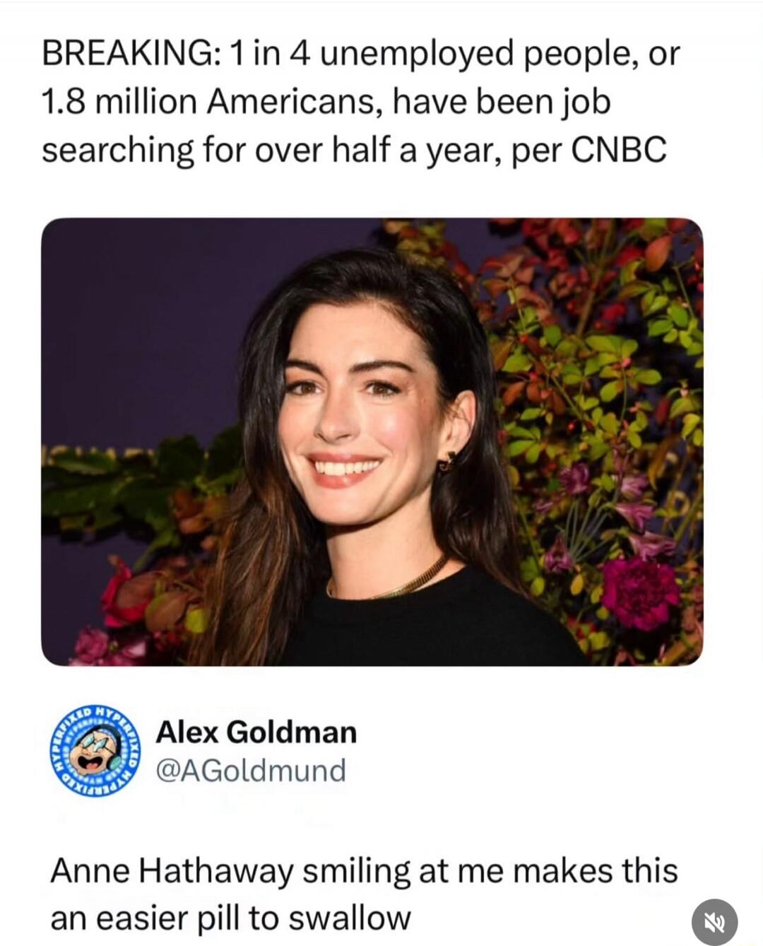 BREAKING: 1 in 4 unemployed people, or 1.8 million Americans, have been job searching for over half a year, per CNBC. Anne Hathaway smiling at me makes this an easier pill to swallow.