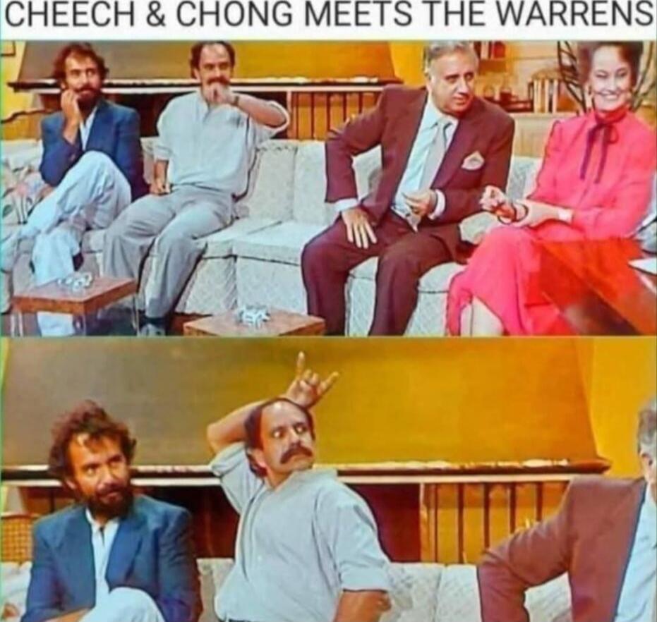 CHEECH & CHONG MEETS THE WARRENS. In the top panel, Cheech Marin and Tommy Chong, known for their stoner comedy, are seated on a couch next to Ed and Lorraine Warren, famous paranormal investigators. In the bottom panel, Cheech Marin makes a 'devil horns' hand gesture, while Tommy Chong looks on, highlighting the humorous clash of their personas.