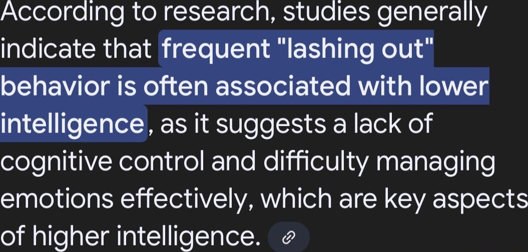 According to research stuaies generally eI ICRG IR T I S EE T T ReTV behavior is often associated with lower intelligence as it suggests a lack of cognitive control and difficulty managing emotions effectively which are key aspects of higher intelligence