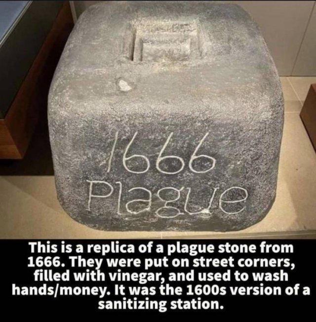 This is a replica of a plague stone from 1666 They were put on street corners filled with vinegar and used to wash LELT ST AL SUETR L CO IO DRV ST B Y sanitizing station