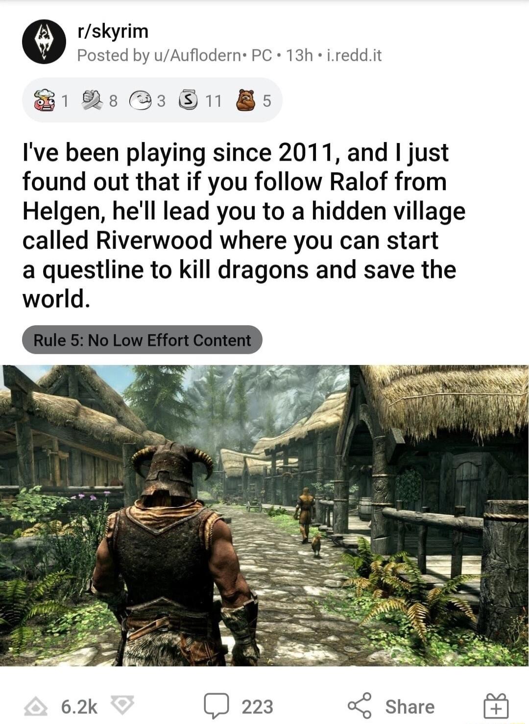 tskyrim Posted by uAuflodern PC 13h ireddit 1 5381 Bs Ive been playing since 2011 and just found out that if you follow Ralof from Helgen hell lead you to a hidden village called Riverwood where you can start a questline to kill dragons and save the world 62k 223 share A
