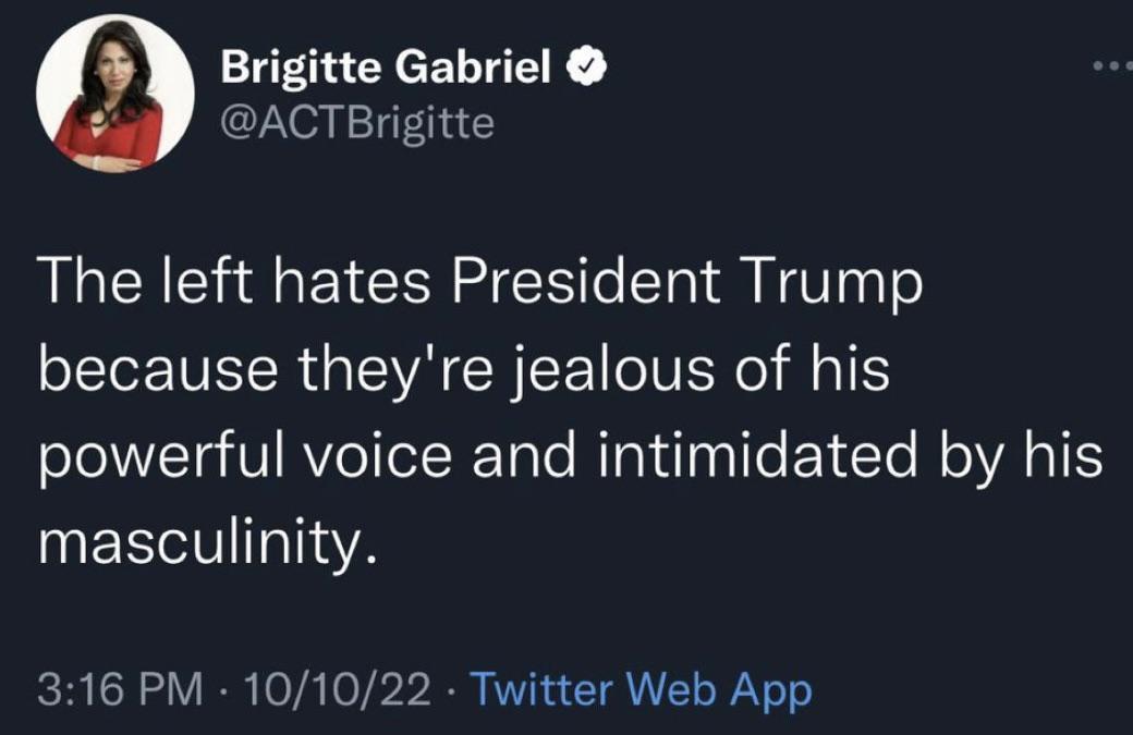 Brigitte Gabriel ACTBrigitte The left hates President Trump because theyre jealous of his powerful voice and intimidated by his MESCTITTIA 316 PM 101022 Twitter Web App