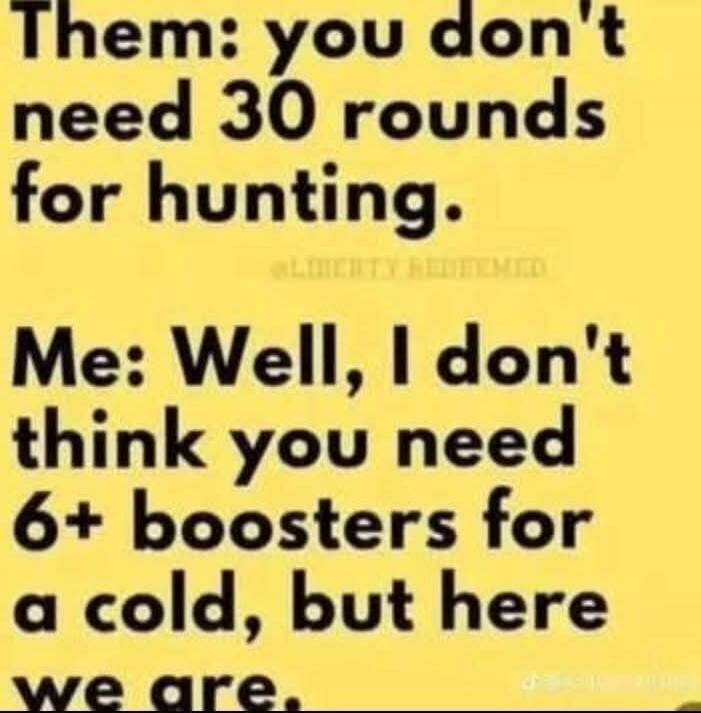 Them: you don't need 30 rounds for hunting.
Me: Well, I don't think you need 6+ boosters for a cold, but here we are.