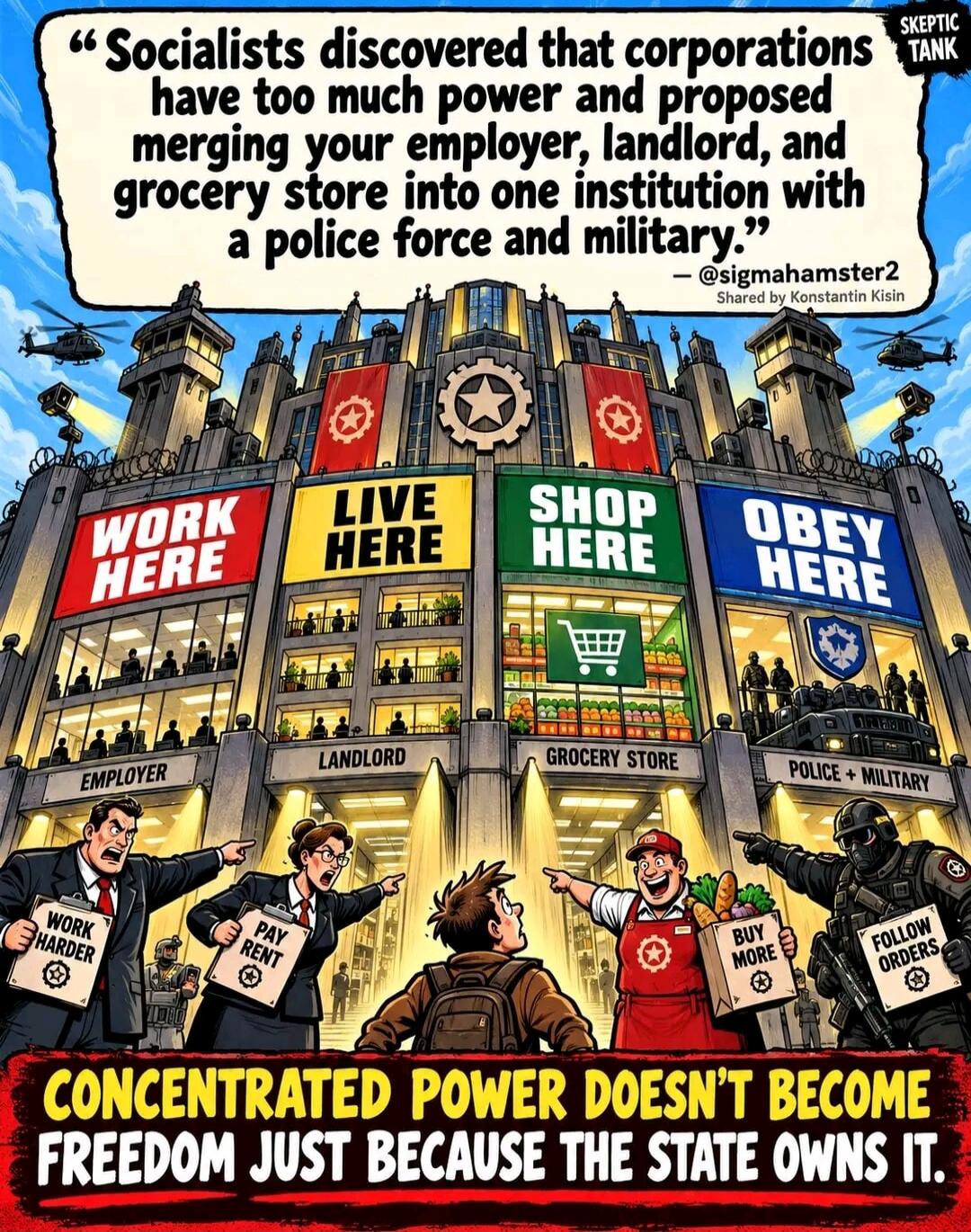 SKEPTIC TANK Socialists discovered that corporations have too much power and proposed merging your employer, landlord, and grocery store into one institution with a police force and military. - @sigmahamster2 Shared by Konstantin Kisin WORK HERE LIVE HERE SHOP HERE OBEY HERE EMPLOYER LANDLORD GROCERY STORE POLICE + MILITARY WORK HARDER PAY RENT BUY