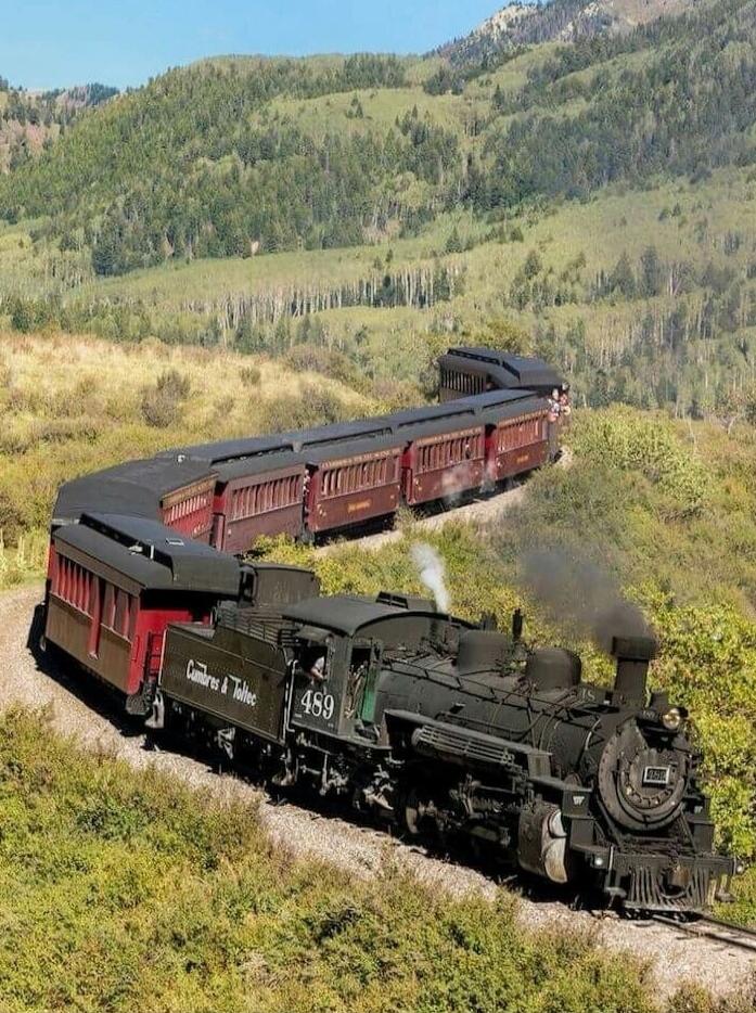 Steam locomotive number 489 pulling red passenger cars on a hillside railway.