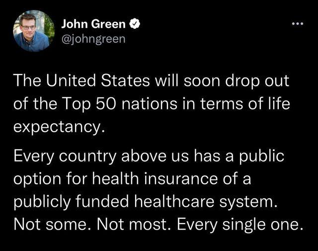 John Green johngreen The United States will soon drop out of the Top 50 nations in terms of life expectancy Every country above us has a public option for health insurance of a publicly funded healthcare system Not some Not most Every single one