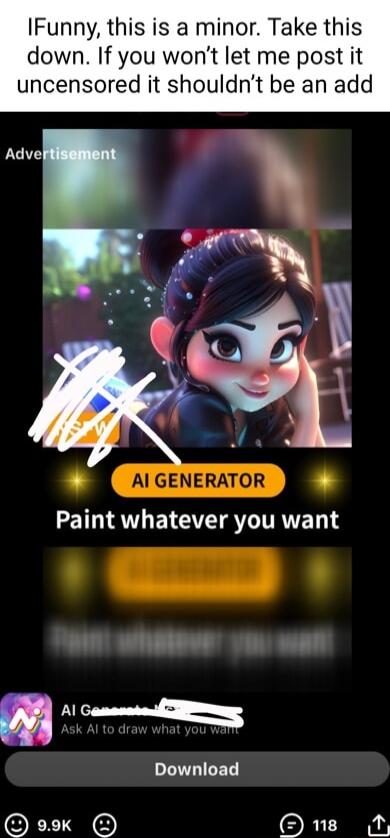 IFunny this is a minor Take this down If you wont let me post it uncensored it shouldnt be an add LEIT CETNATLELEVETSITRNET 1 Al DL IGED EXTE Dns N