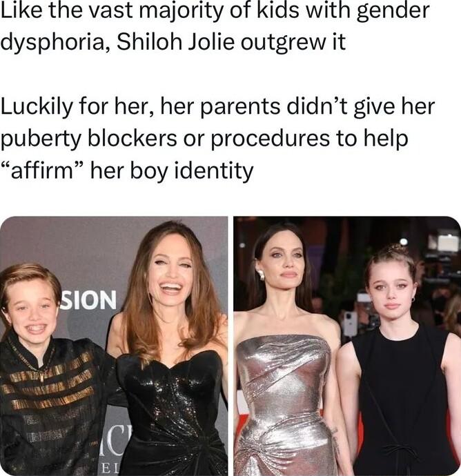 Like the vast majority of Kids with gender dysphoria Shiloh Jolie outgrew it Luckily for her her parents didnt give her puberty blockers or procedures to help affirm her boy identity