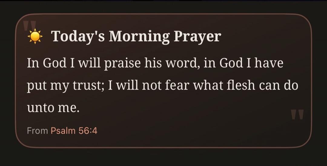 Today's Morning Prayer
In God I will praise his word, in God I have put my trust; I will not fear what flesh can do unto me.
From Psalm 56:4