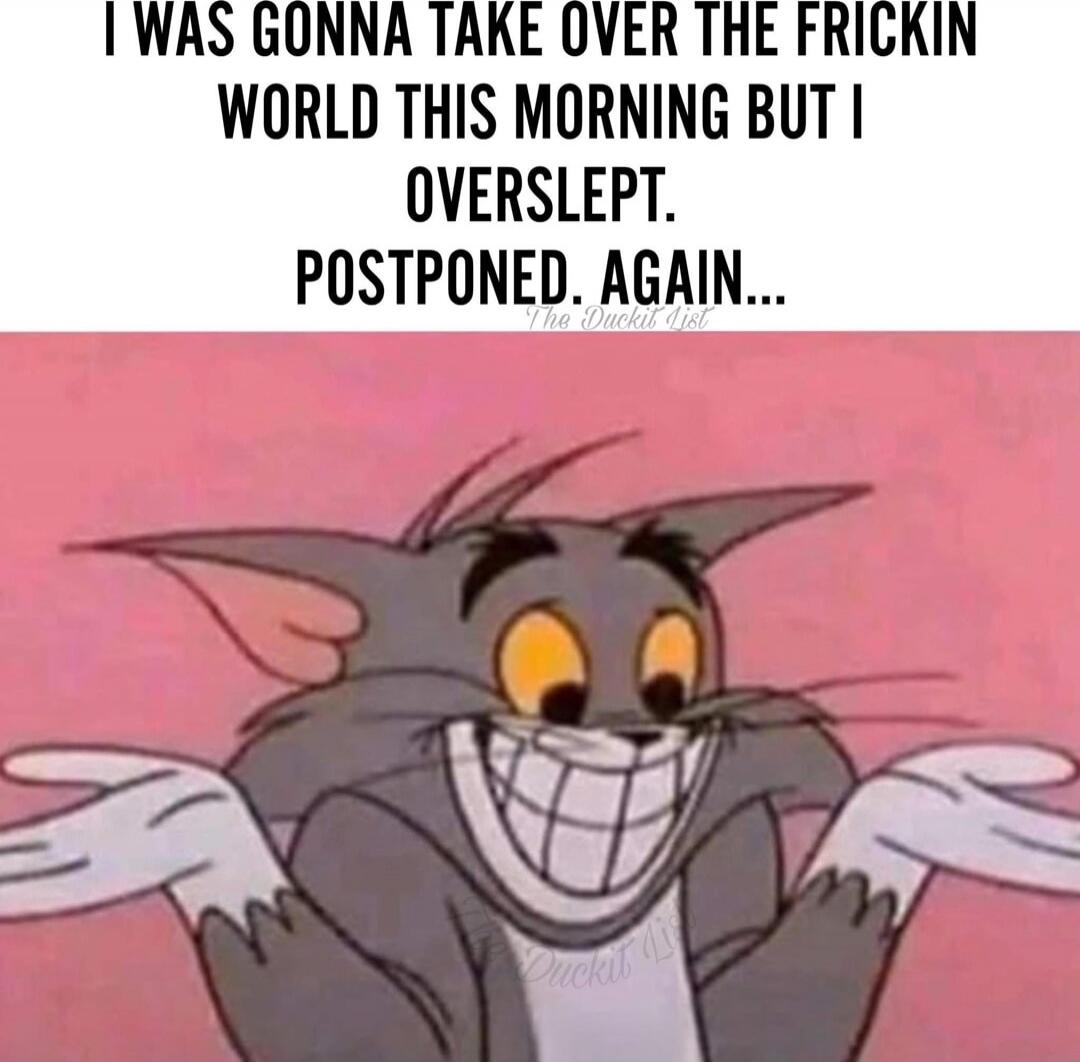 I WAS GONNA TAKE OVER THE FRICKIN WORLD THIS MORNING BUT I OVERSLEPT. POSTPONED. AGAIN...