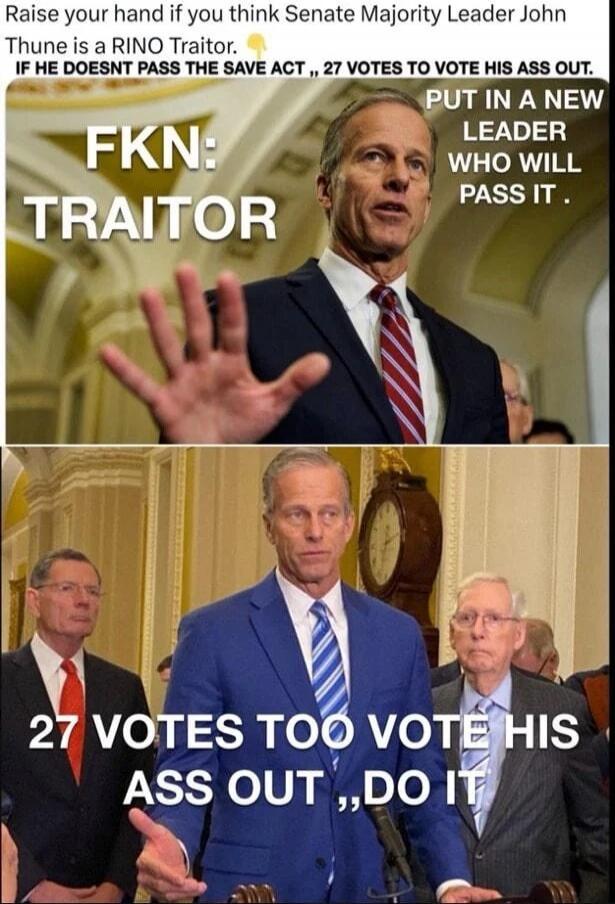 Raise your hand if you think Senate Majority Leader John Thune is a RINO Traitor. IF HE DOESNT PASS THE SAVE ACT , 27 VOTES TO VOTE HIS ASS OUT. PUT IN A NEW LEADER WHO WILL PASS IT. FKN: TRAITOR. 27 VOTES TO VOTE HIS ASS OUT, DO IT.