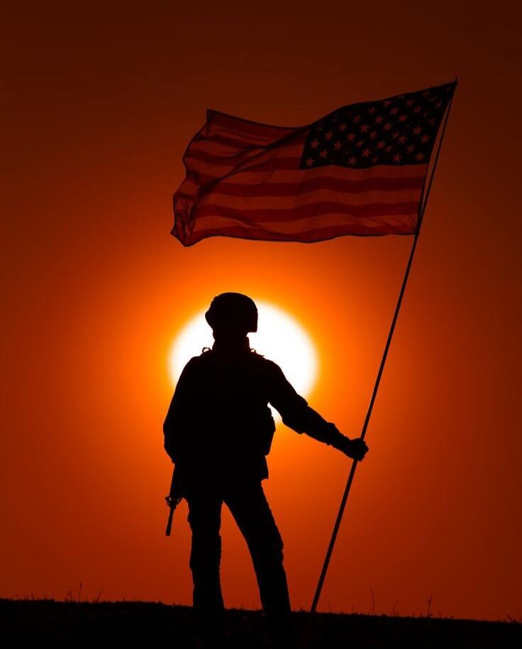 A silhouette of a person holding an American flag against a sunset.