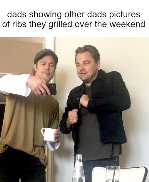 dads showing other dads pictures of ribs they grilled over the weekend