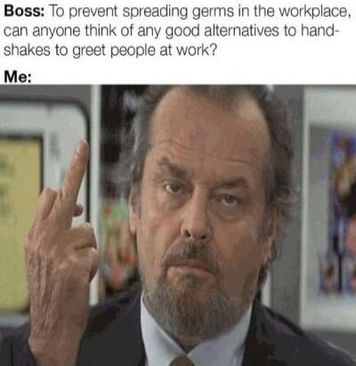 Boss: To prevent spreading germs in the workplace, can anyone think of any good alternatives to hand-shakes to greet people at work? Me: [Jack Nicholson giving the middle finger]