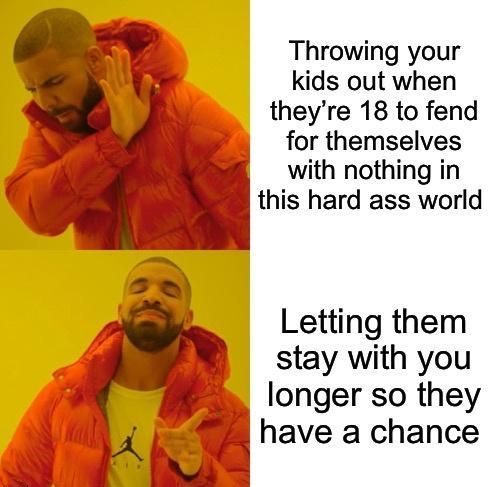 Throwing your kids out when theyre 18 to fend for themselves B with nothing in B this hard ass world Letting them stay with you longer so they have a chance 8 f A o Q