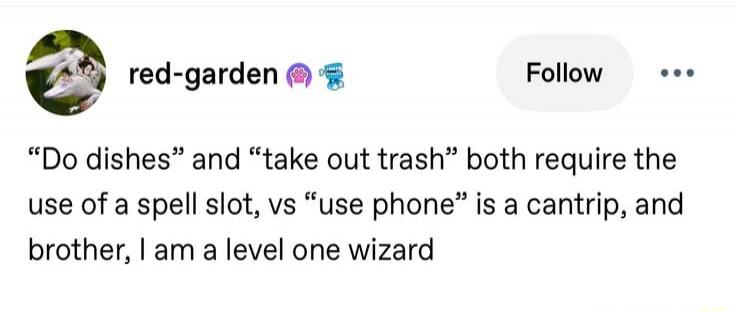 Do dishes and take out trash both require the use of a spell slot, vs use phone is a cantrip, and brother, I am a level one wizard