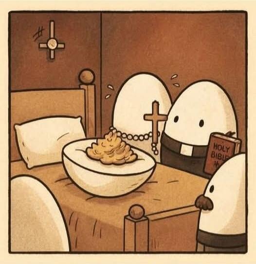 Cartoon of egg-like characters in a bedroom; a bowl containing a pile that looks like poop on the bed, a Bible, and crosses.