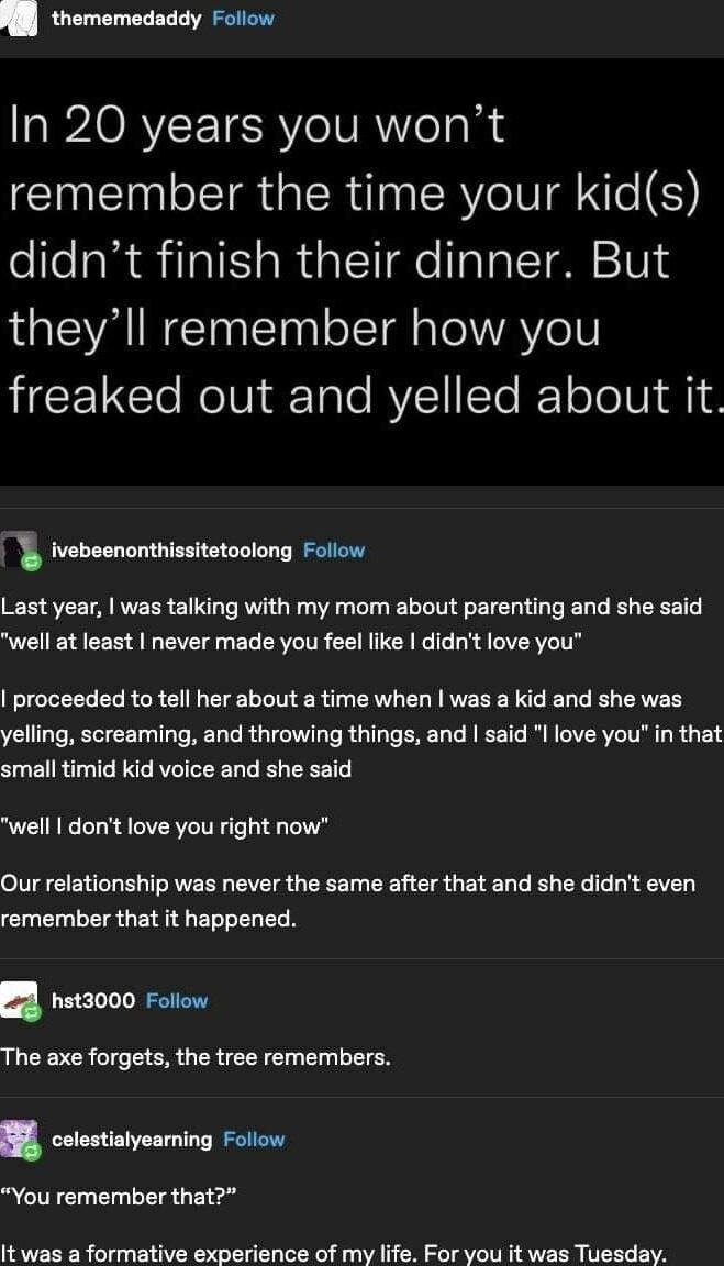 Rl thememedaddy Follow AORVEETERY eIV ol i remember the time your kids didnt finish their dinner But theyll remember how you freaked out and yelled about it ivebeenonthissitetoolong Follow Last year was talking with my mom about parenting and she said well at least never made you feel like didnt love you proceeded to tell her about a time when was a kid and she was yelling screaming and throwing t