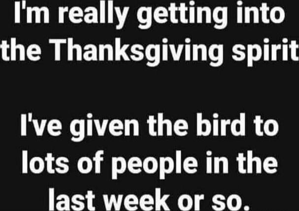 I'm really getting into the Thanksgiving spirit

I've given the bird to lots of people in the last week or so.