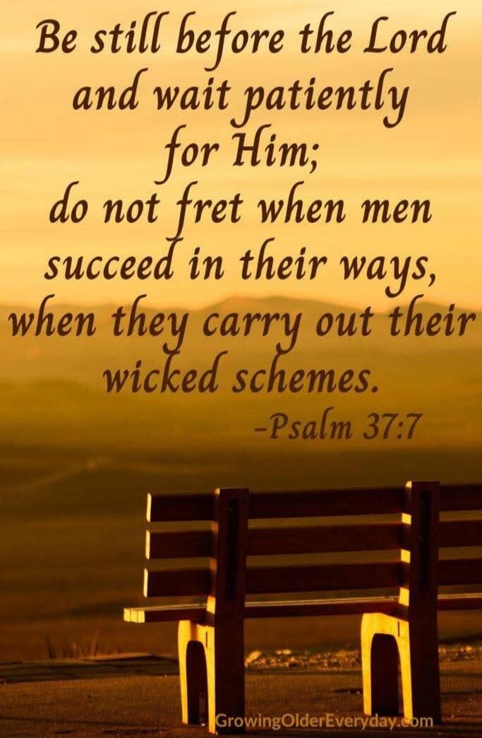 Be still before the Lord and wait patiently for Him; do not fret when men succeed in their ways, when they carry out their wicked schemes. -Psalm 37:7