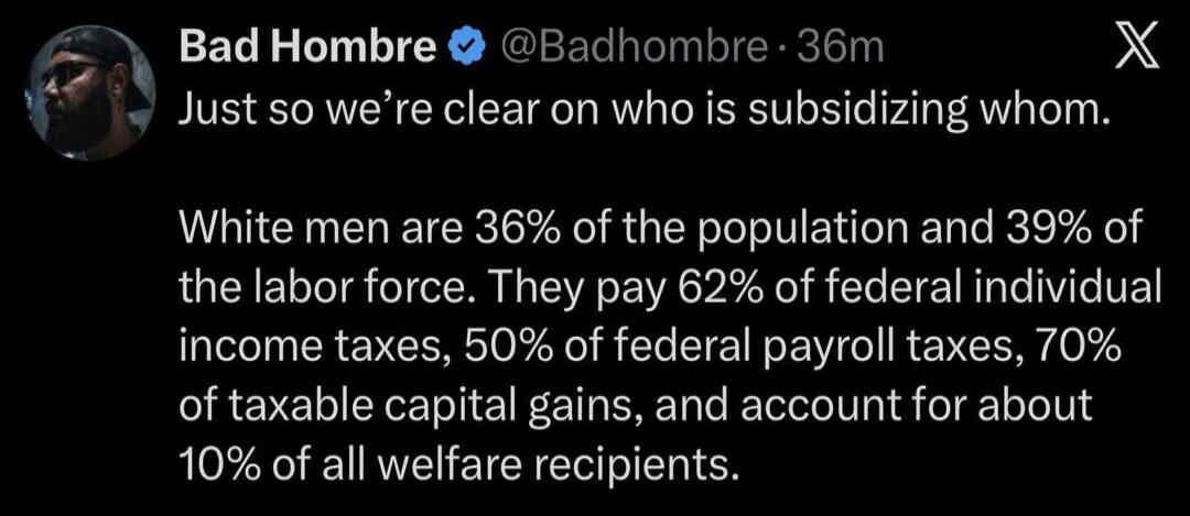 Bad Hombre @Badhombre · 36m Just so we're clear on who is subsidizing whom. White men are 36% of the population and 39% of the labor force. They pay 62% of federal individual income taxes, 50% of federal payroll taxes, 70% of taxable capital gains, and account for about 10% of all welfare recipients.