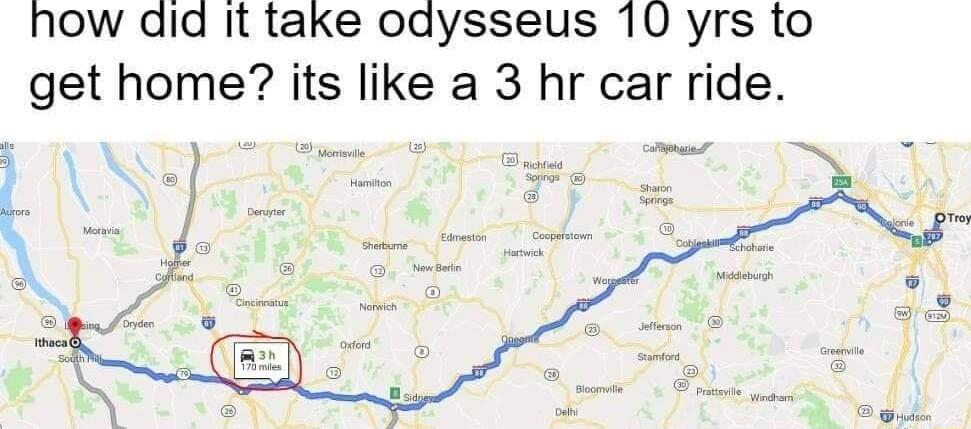 how did It take odysseus 10 yrs to get home its like a 3 hr car ride