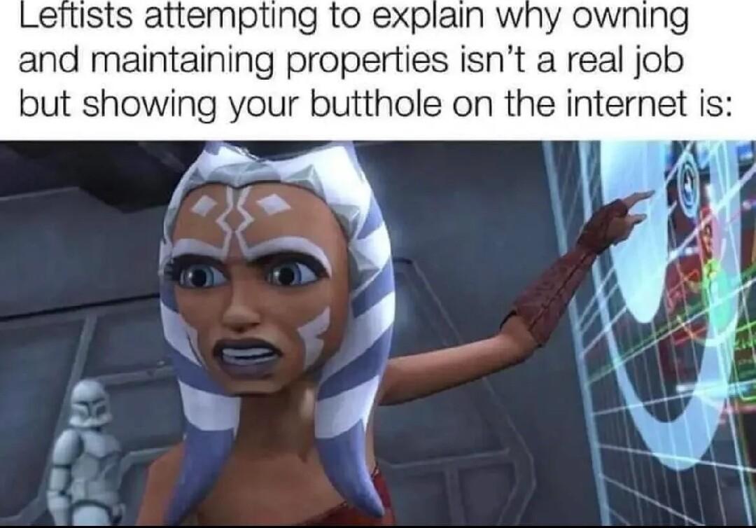 eftists attempting to explain why owning and maintaining properties isnt a real job but showing your butthole on the internet is