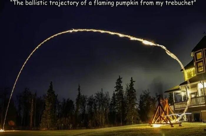 The ballistic trajectory of a flaming pumpkin from my trebuchet