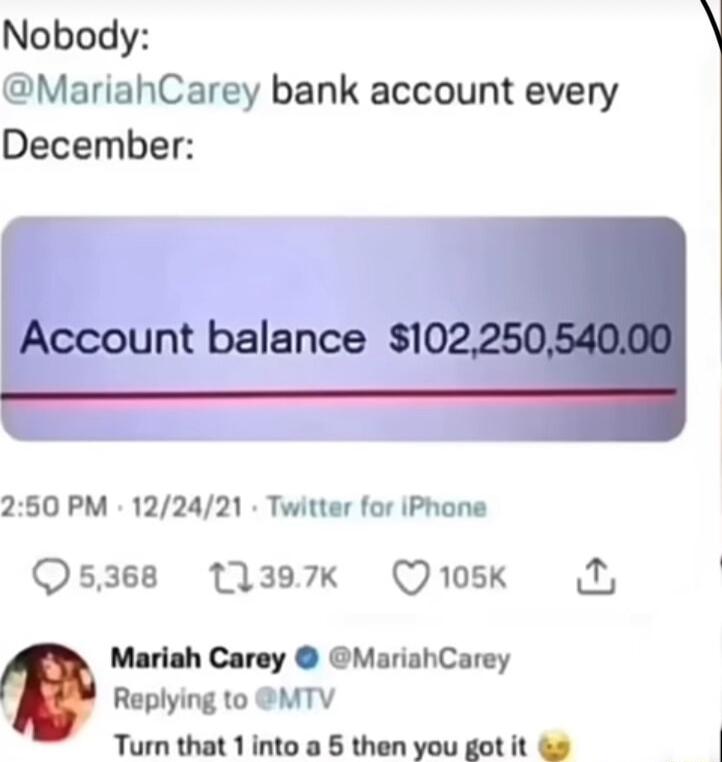 Nobody MariahCarey bank account every December Account balance I 250 PM 122421 Twitter for iPhone Q5368 137k Qrusk T Mariah Carey MariahCarey Replying to MTV Turn that 1into a 5 then you got it