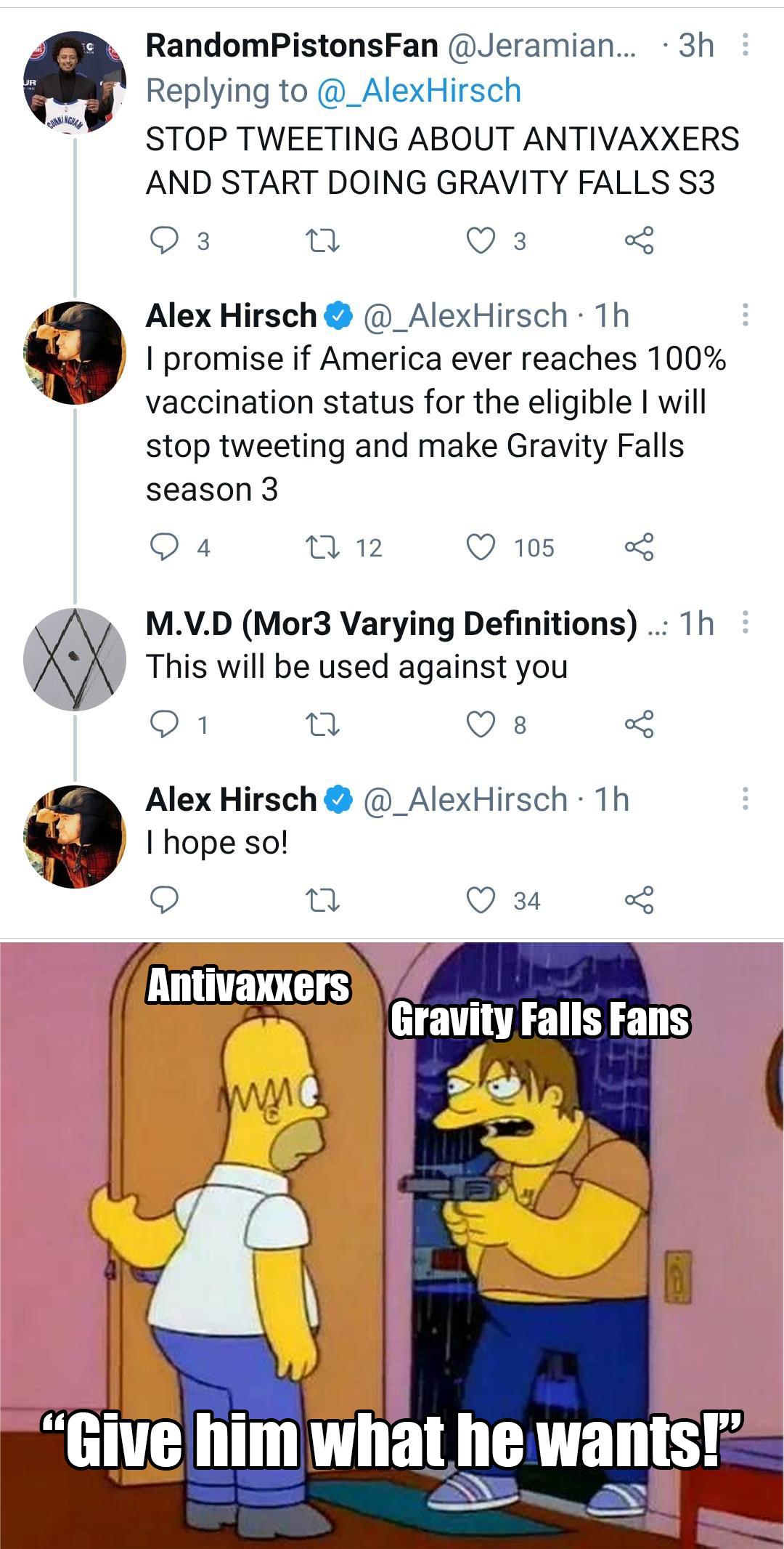RandomPistonsFan Jeramian 3h Replying to _AlexHirsch STOP TWEETING ABOUT ANTIVAXXERS AND START DOING GRAVITY FALLS S3 Q 3 e Q3 Alex Hirsch _AlexHirsch 1h promise if America ever reaches 100 vaccination status for the eligible will stop tweeting and make Gravity Falls season 3 Q 4 T 12 Q105 L MVD Mor3 Varying Definitions 1h This will be used against you O 1 n Q s 3 Alex Hirsch _AlexHirsch 1h 4 hope