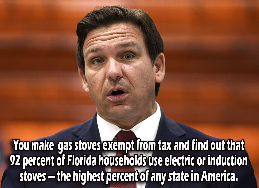 e You make gas stoves exempt from tax and find out that 92 percent of Florida housenolds use electric or induction stoves the highest percent t0f any state in America