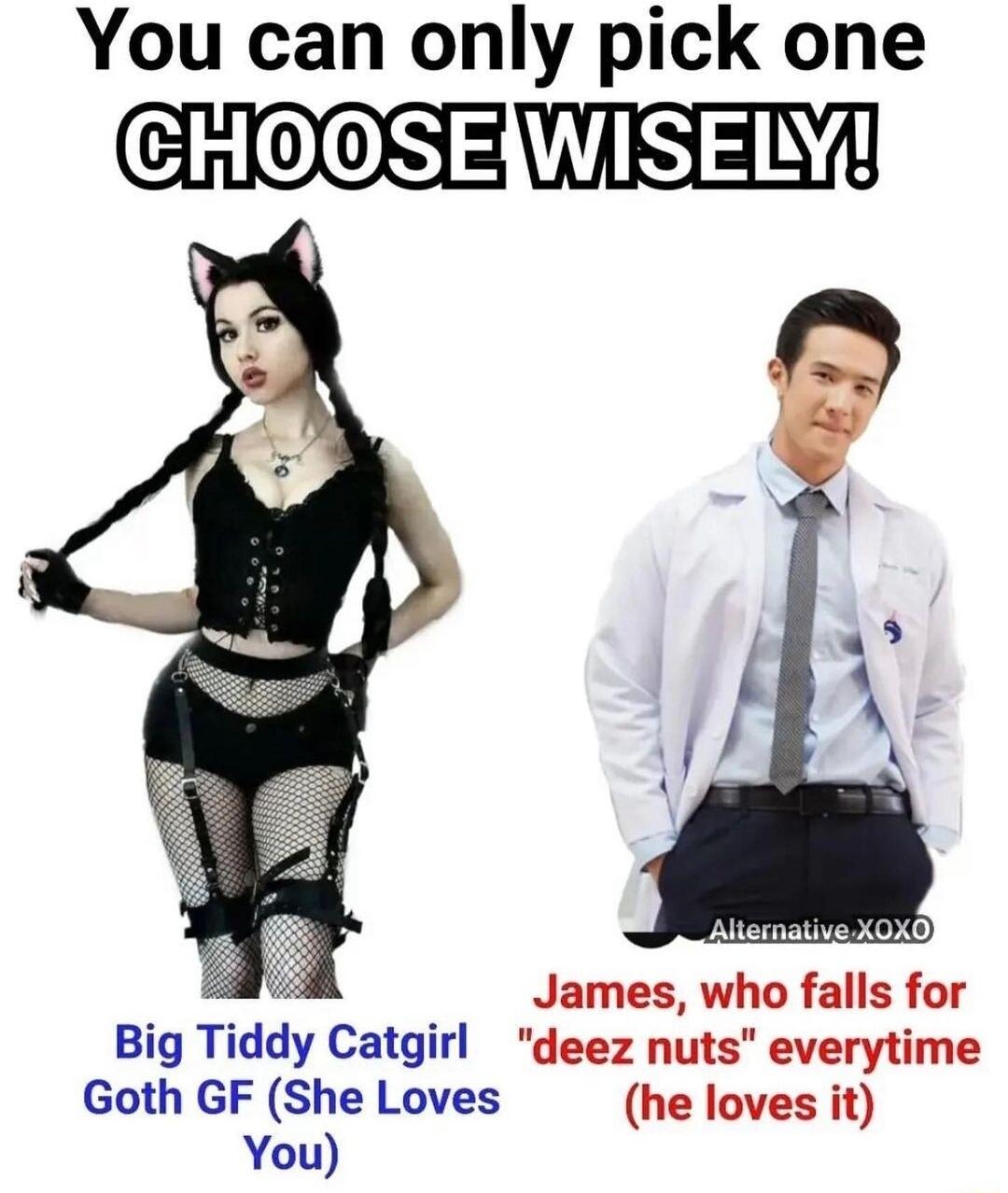 You can only pick one oS3 WIS AL 3 James who falls for Big Tiddy Catgirl deez nuts everytime Goth GF She Loves he loves it You