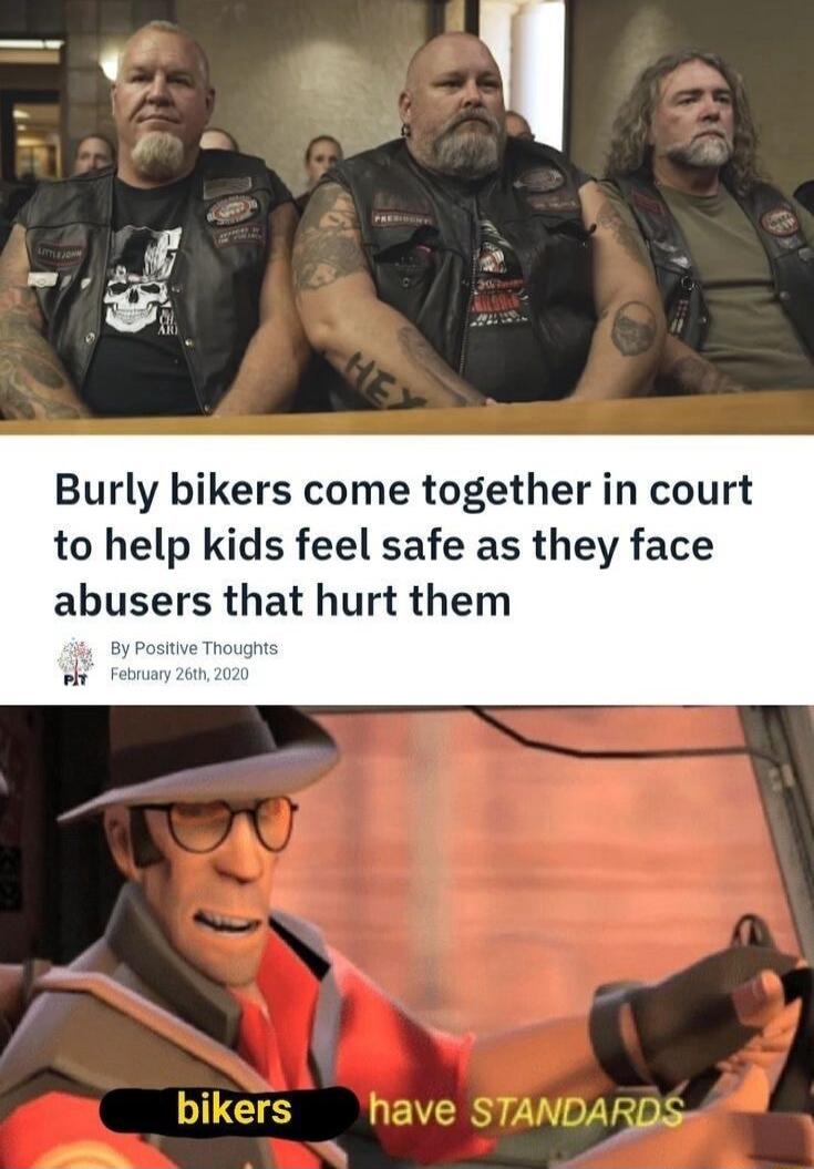 Burly bikers come together in court to help kids feel safe as they face abusers that hurt them bikers have STANDARDS