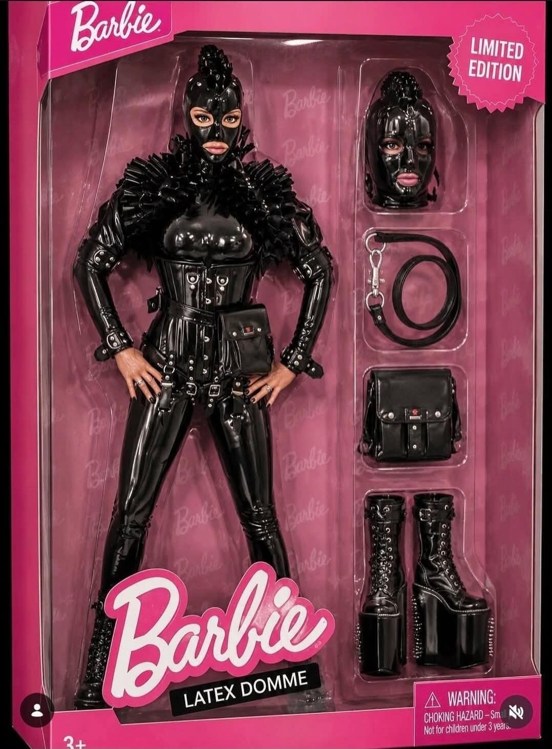 Barbie LIMITED EDITION LATEX DOMME WARNING: CHOKING HAZARD - Small parts. Not for children under 3 years. 3+. A Barbie doll box featuring a doll dressed in a full black latex outfit, including a mask, corset, pants, and extreme platform boots. The box also shows accessories like an additional mask, a leash, and a bag.