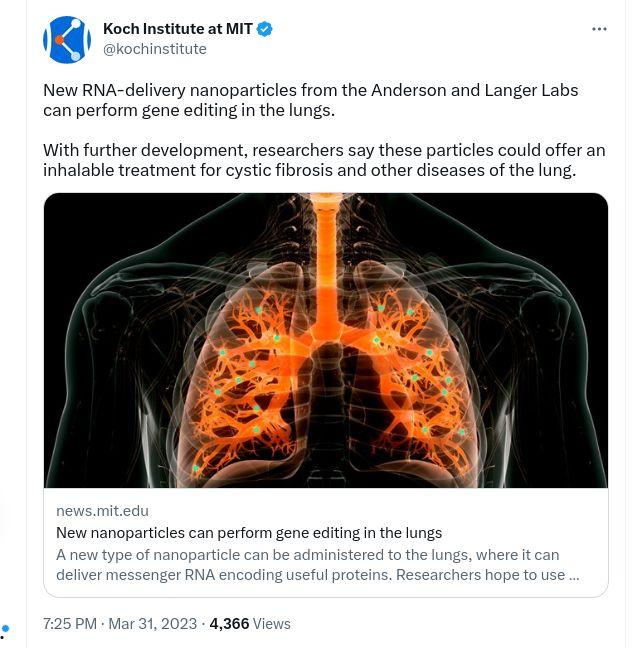 a Koch Institute at MIT New RNA delivery nanoparticles from the Anderson and Langer Labs can perform gene editing in the lungs With further development researchers say these particles could offer an inhalable treatment for cystic fibrosis and other diseases of the lung M 4366