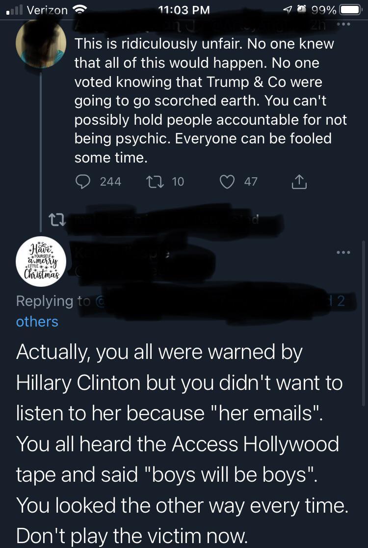 W1l Verizon R ERY 99y This is ridiculously unfair No one knew R Y 8 o I TSRV U e l g EToT o TTa W N N1 1 voted knowing that Trump Co were felellgle R e Xe o RIee folsl Te R F Ta s WA eI e To R oTe5X1 o VA aToo olToTo R TelelelV g1 Yol R e g Tod o1 aTe oISV ol o SAVTgV e aT Wor g W o R oo To some time O 244 17 10 QO 47 iy RETIilalel others eI UE YAV IU RV AW fa Yo M oV Hillary Clinton but you didnt