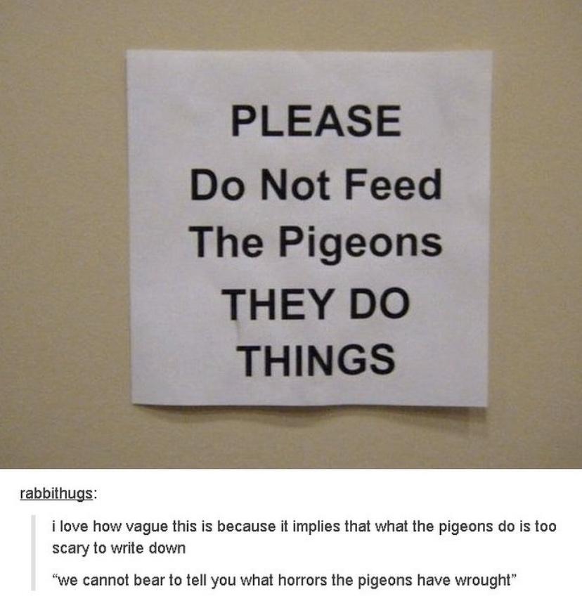 rabbithugs ilove how vague this is because it implies that what the pigeons do is too scary to write down we cannot bear to tell you what horrors the pigeons have wrought