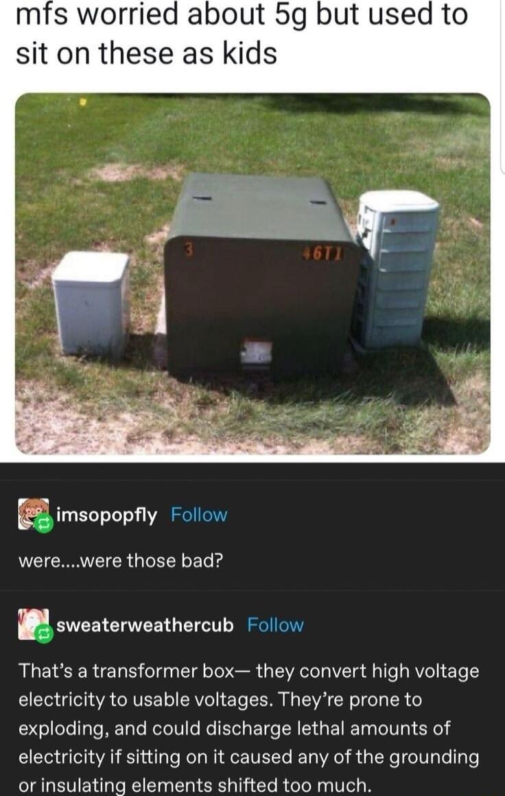 mfs worried about 5g but used to sit on these as kids B imsopopfly Follow RULICRNTCR IGELYGET sweaterweathercub Follow Thats a transformer box they convert high voltage electricity to usable voltages Theyre prone to exploding and could discharge lethal amounts of electricity if sitting on it caused any of the grounding orinsulating elements shifted too much