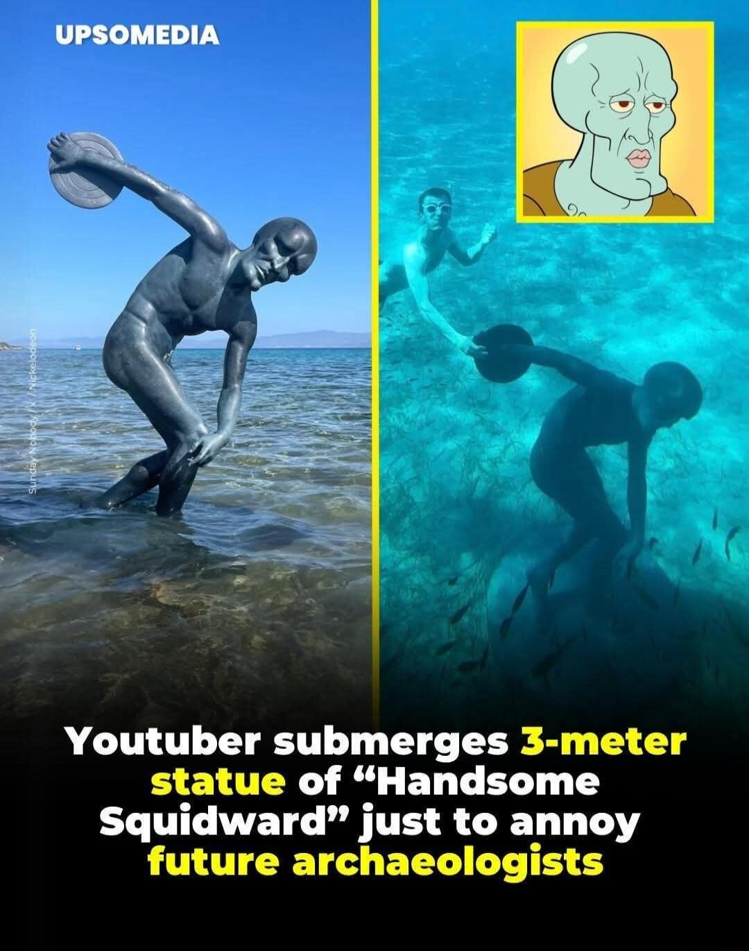 Youtuber submerges 3-meter statue of 'Handsome Squidward' just to annoy future archaeologists