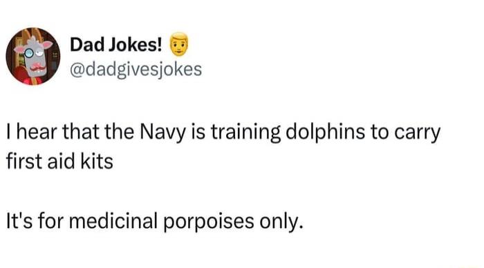 Dad Jokes! I hear that the Navy is training dolphins to carry first aid kits. It's for medicinal porpoises only.