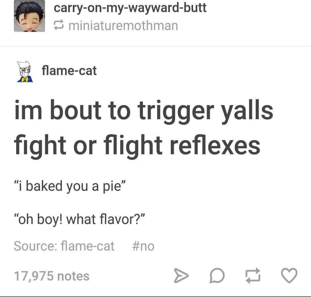 carry on my wayward butt S miniaturemothman 5 flame cat im bout to trigger yalls fight or flight reflexes i baked you a pie oh boy what flavor Source flame cat no 17975 notes 02