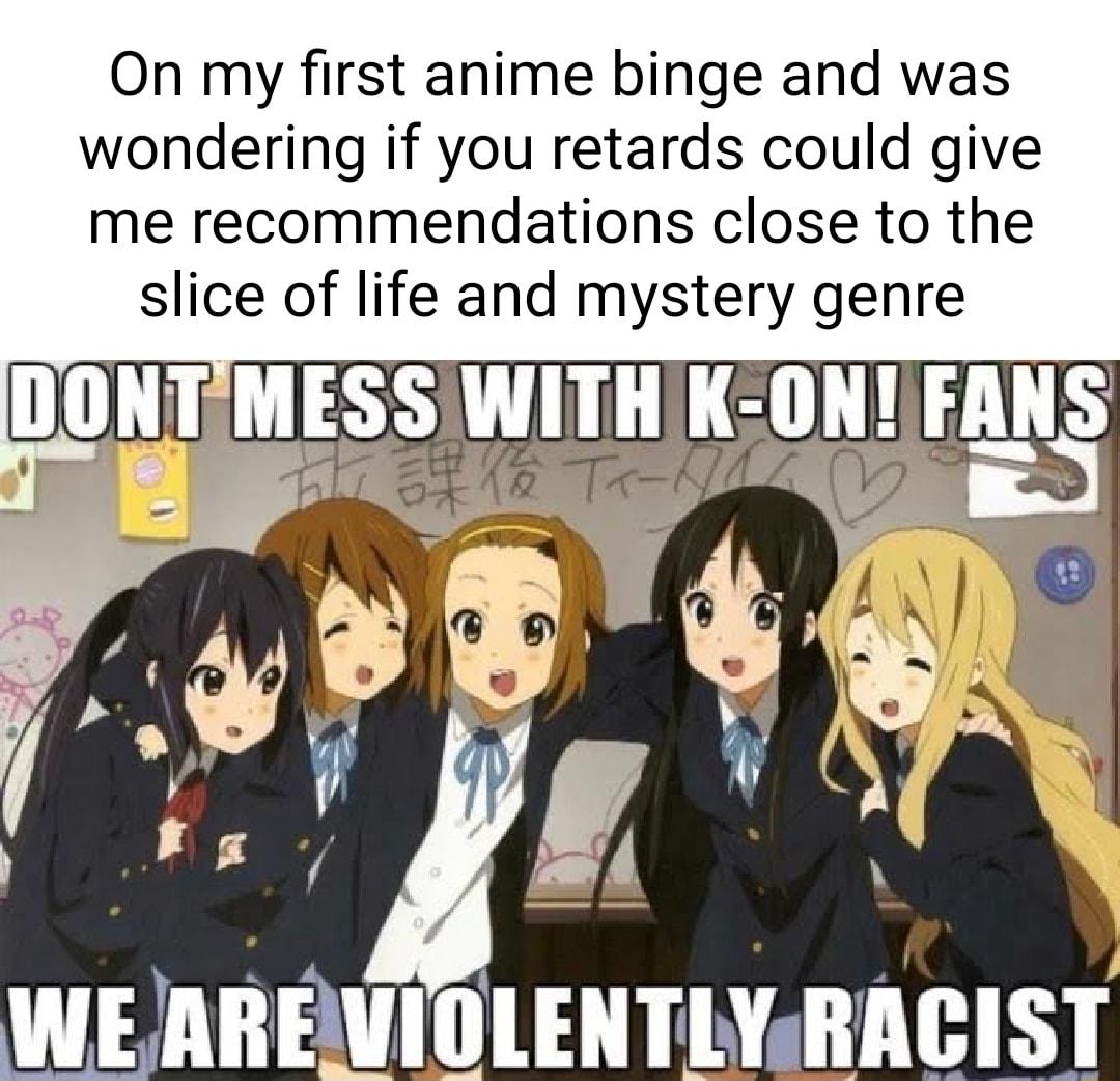 On my first anime binge and was wondering if you retards could give me recommendations close to the slice of life and mystery genre