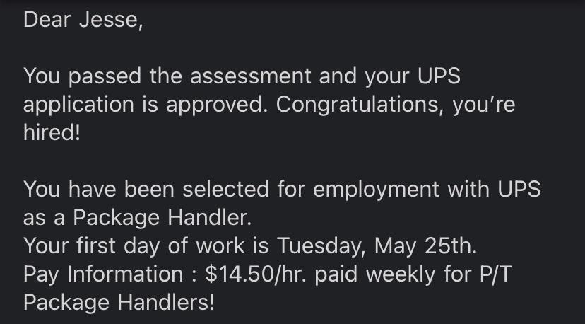 DIET IR You passed the assessment and your UPS ETololle14ea WIS o o eVYo M ol ge VI T ifeTa SHRYeIVH hired You have been selected for employment with UPS EREN o G e SW s ETale ST M oTUTa 1651 Mo EYAo VIo T4 S NVISETe VARV EWAVAS o B VA lal o g EYileT g NE N VY0 o T o F11e VYT YAN oI A PETo Ele W Elple 16