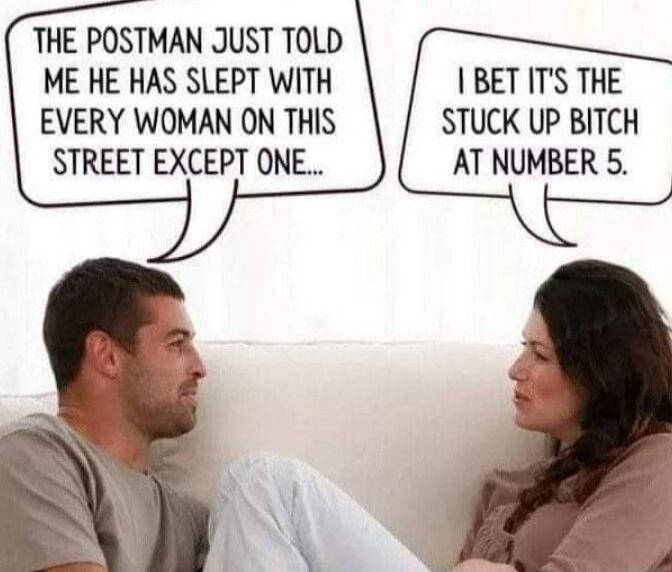 THE POSTMAN JUST TOLD ME HE HAS SLEPT WITH EVERY WOMAN ON THIS STREET EXCEPT ONE... I BET IT'S THE STUCK UP BITCH AT NUMBER 5.