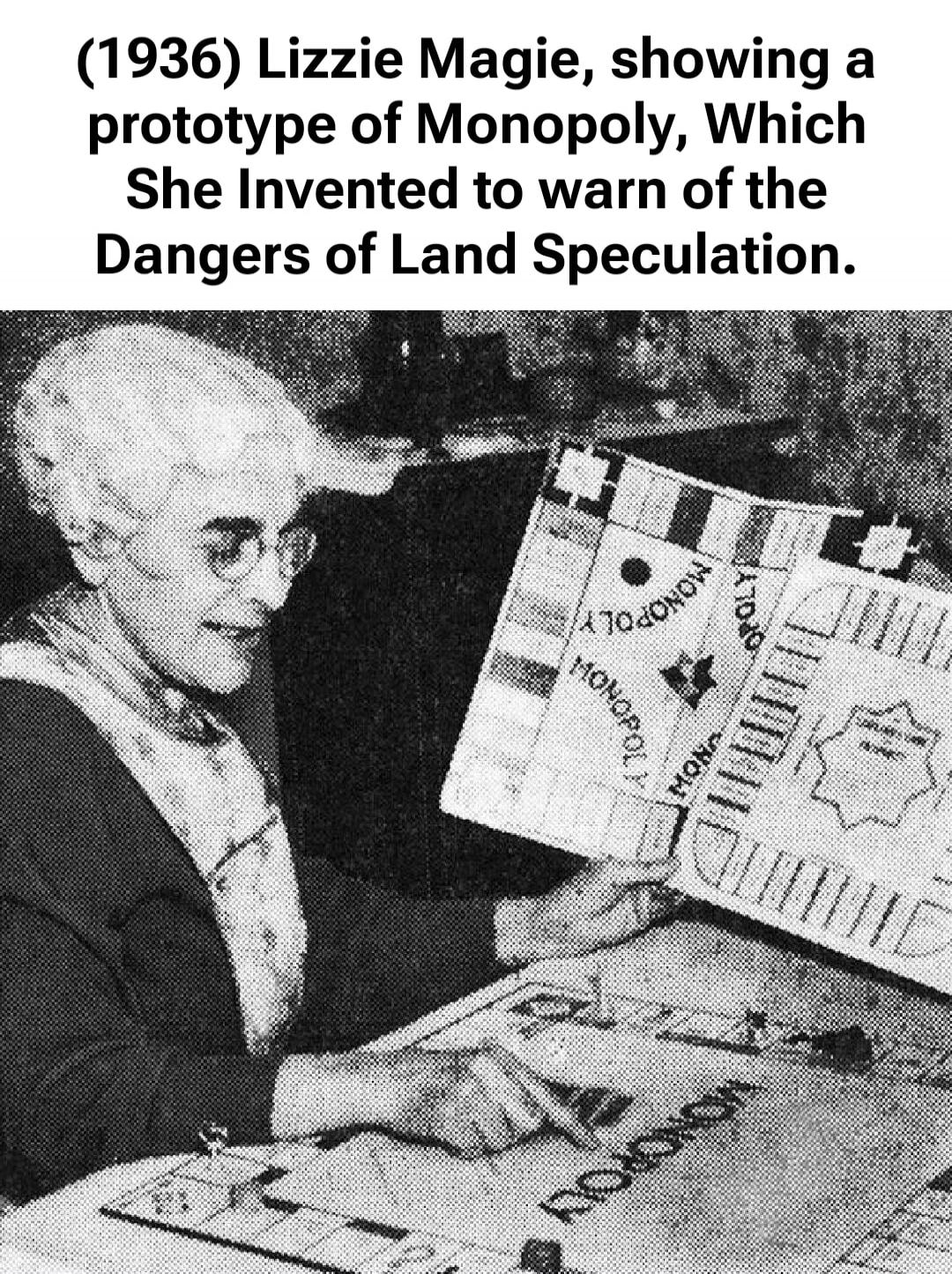 (1936) Lizzie Magie, showing a prototype of Monopoly, Which She Invented to warn of the Dangers of Land Speculation.