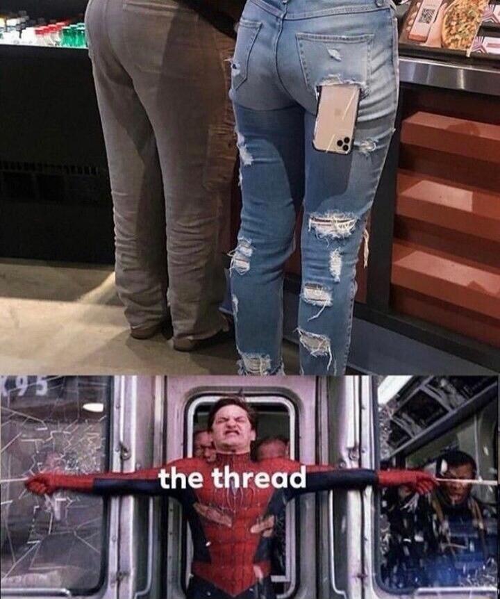 A phone is precariously held in ripped jeans, almost falling out. Below, Spider-Man (Tobey Maguire) is shown struggling to hold something together, with the text 'the thread' superimposed.