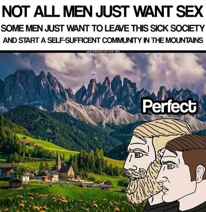 NOT ALL MEN JUST WANT SEX SOME MEN JUST WANT TO LEAVE THIS SICK SOCIETY AND START A SELF-SUFFICIENT COMMUNITY IN THE MOUNTAINS Perfect