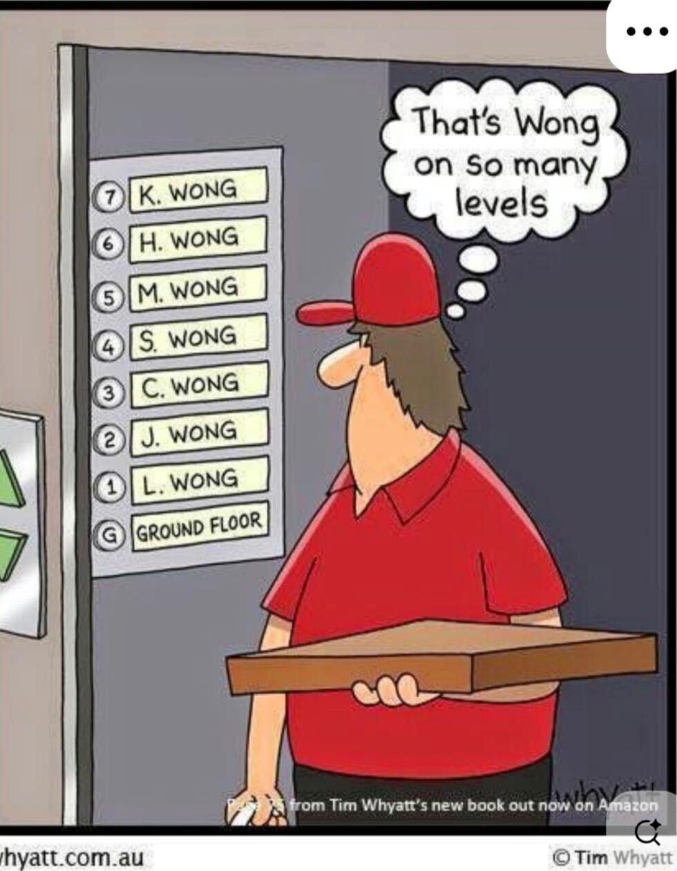 GROUND FLOOR
7 K. WONG
6 H. WONG
5 M. WONG
4 S. WONG
3 C. WONG
2 J. WONG
1 L. WONG
That’s Wong on so many levels